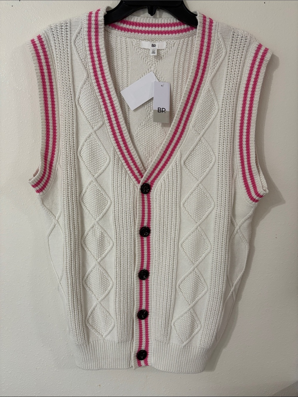 NWT BP. Ivory With Pink Trim Button Down V-Neck Sweater Vest Size XS Oversized